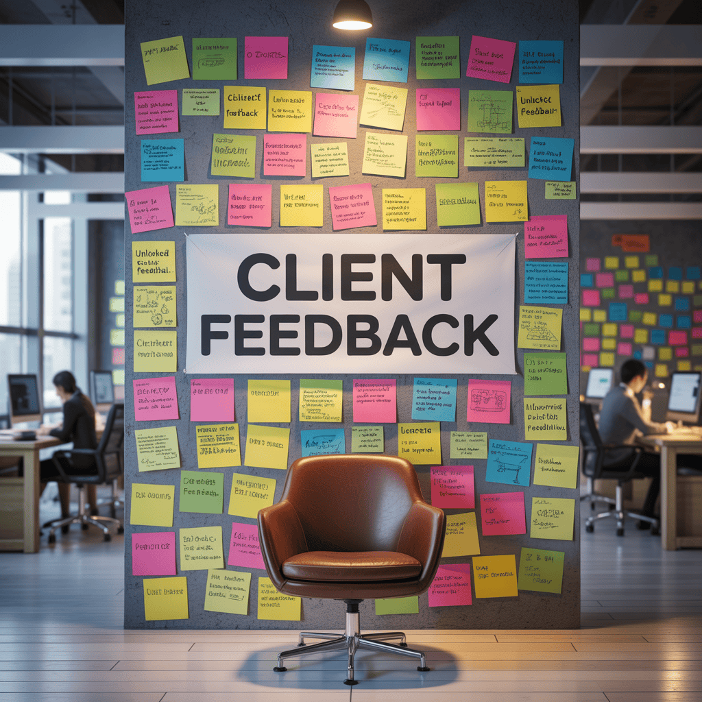 Office wall with colorful client feedback notes.