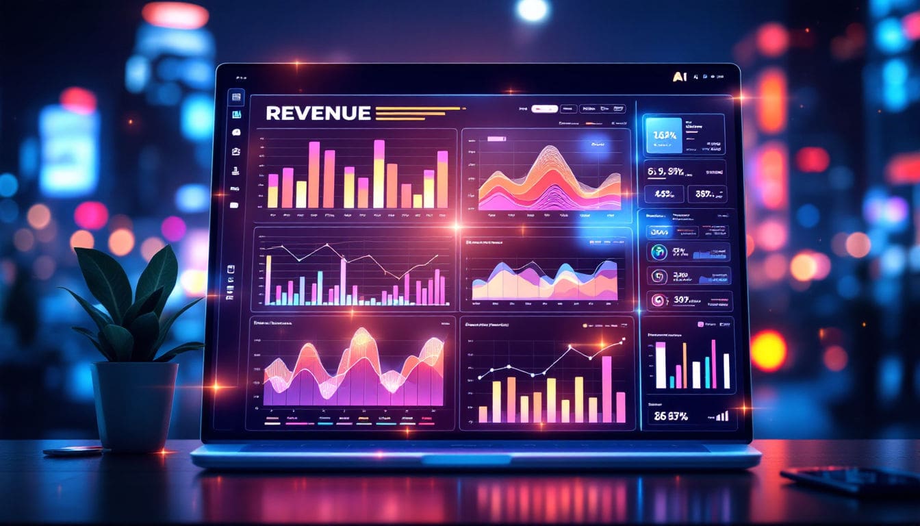 Colorful data analytics dashboard on laptop screen.