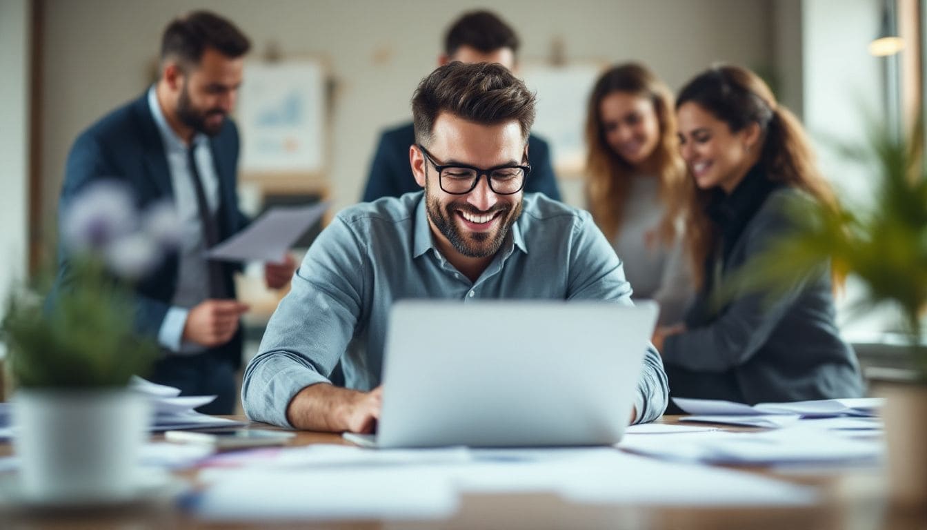 Man smiling while working on laptop, colleagues behind