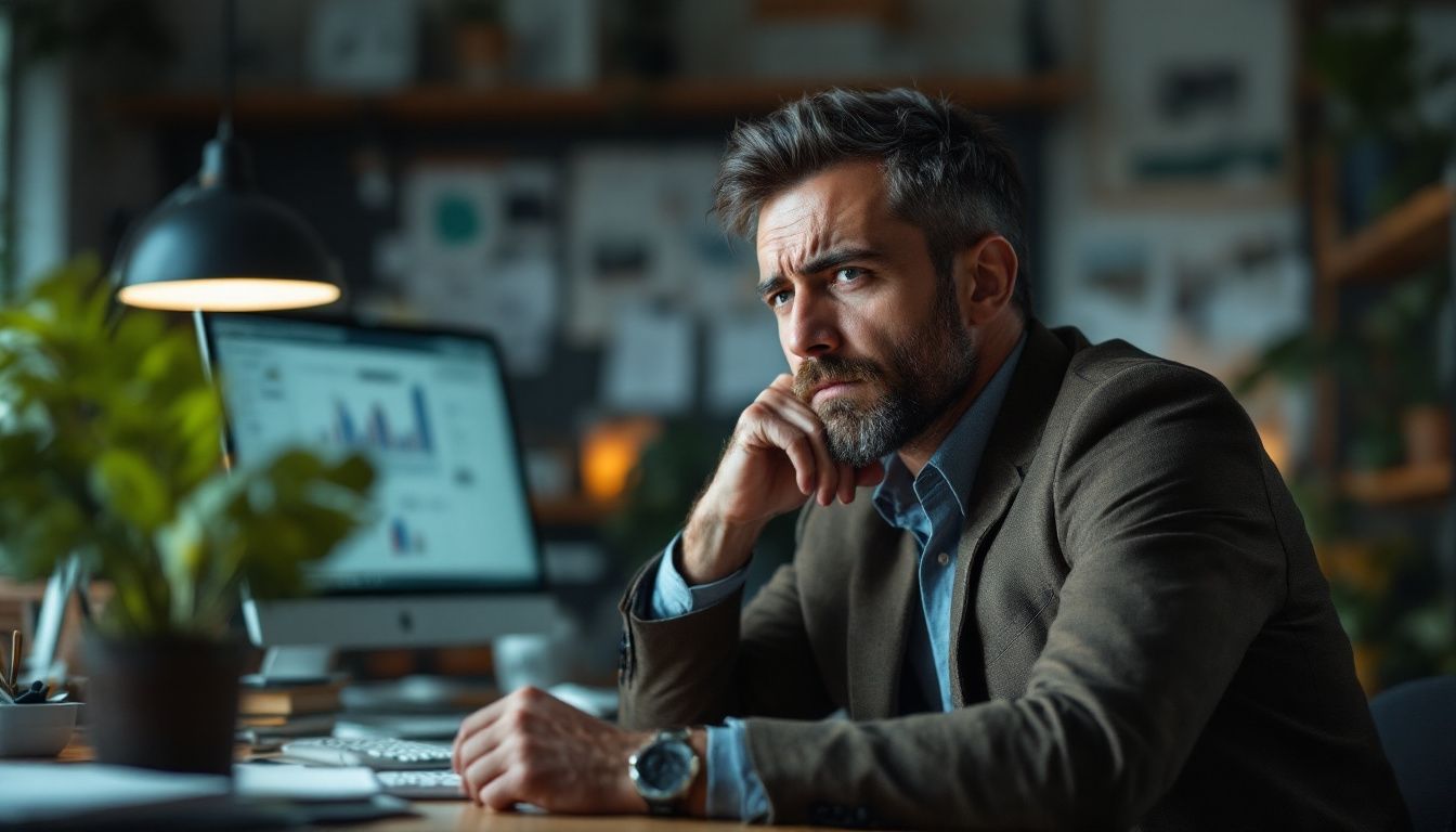 Man thinking at desk with computer screen graphs.