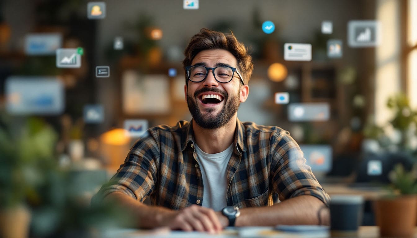 Smiling man surrounded by floating digital icons.