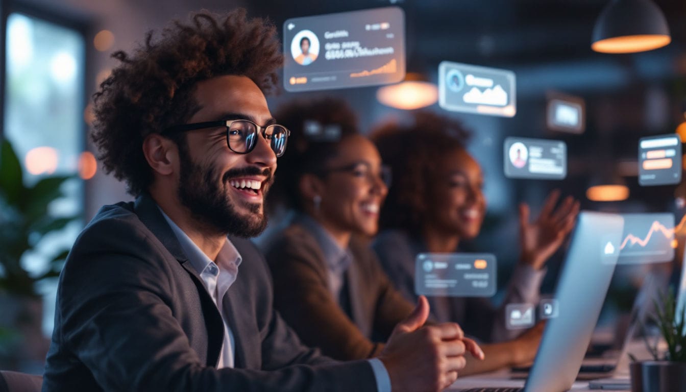 Smiling professionals analyzing digital data at laptops.