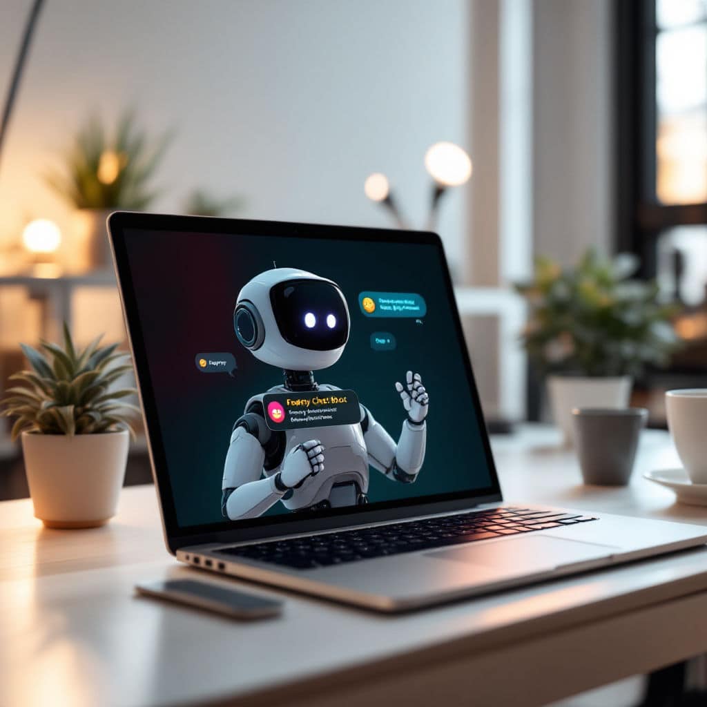 AI robot chatbot on laptop screen in office.