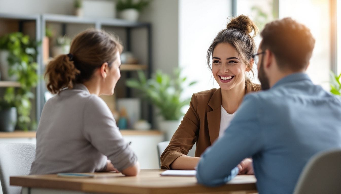 Three people smiling in a meeting at work.