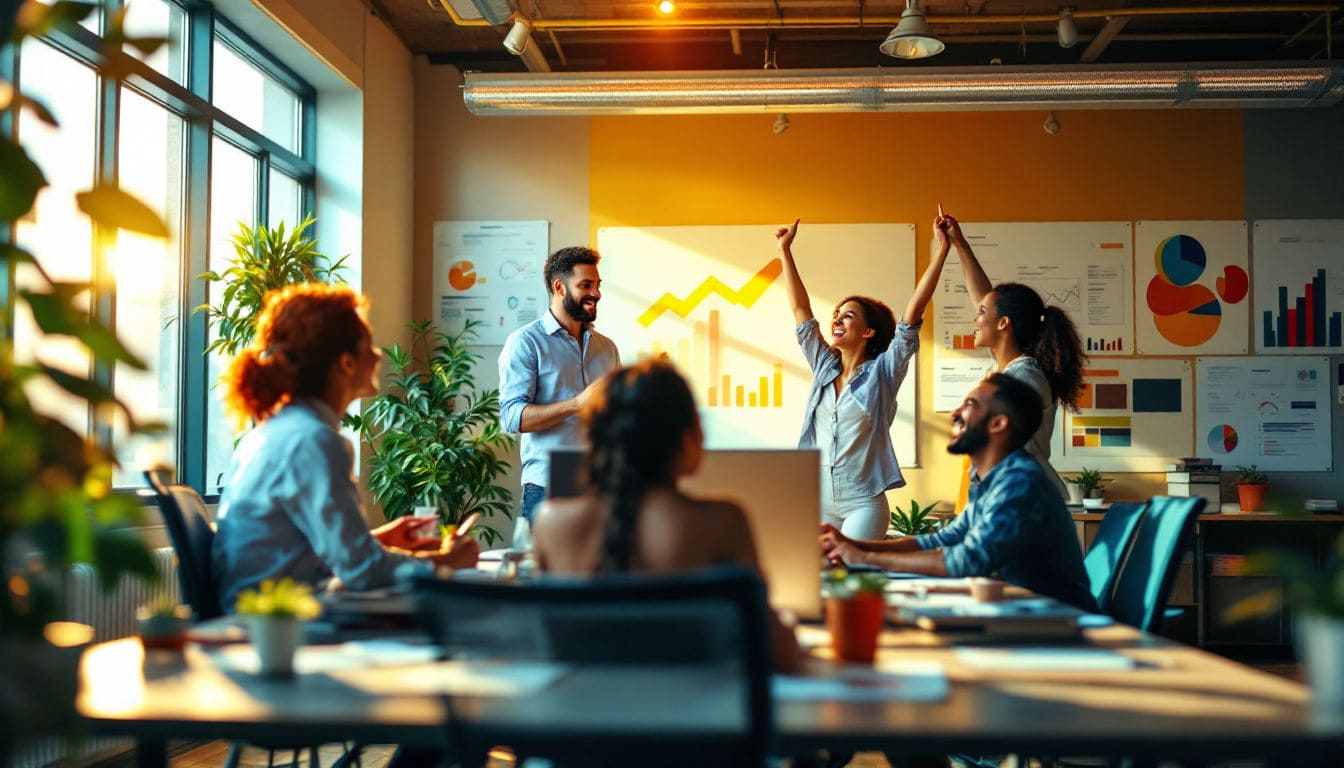 Team celebrating business success in office meeting.