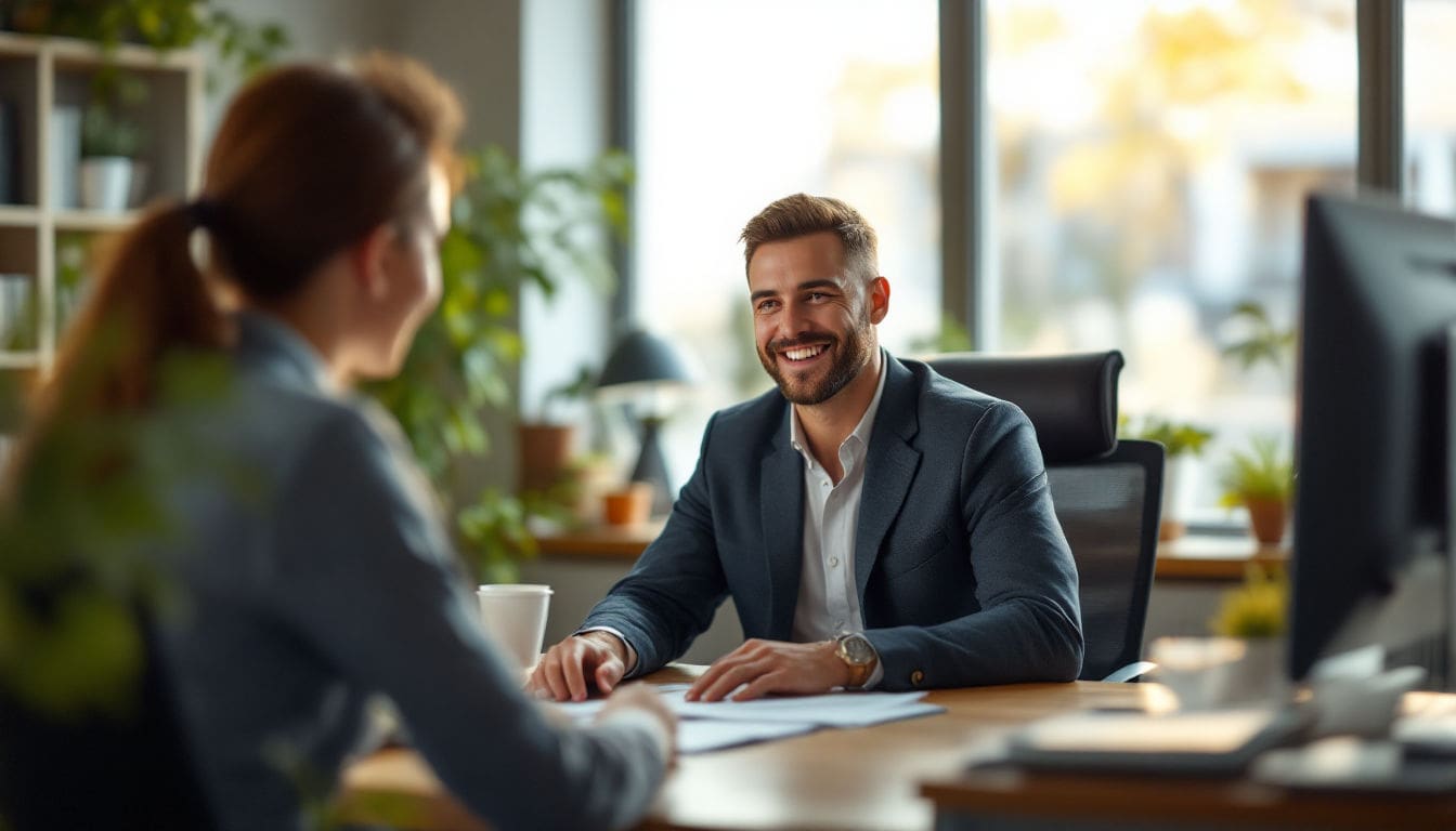 Smiling businessman in meeting at modern office.