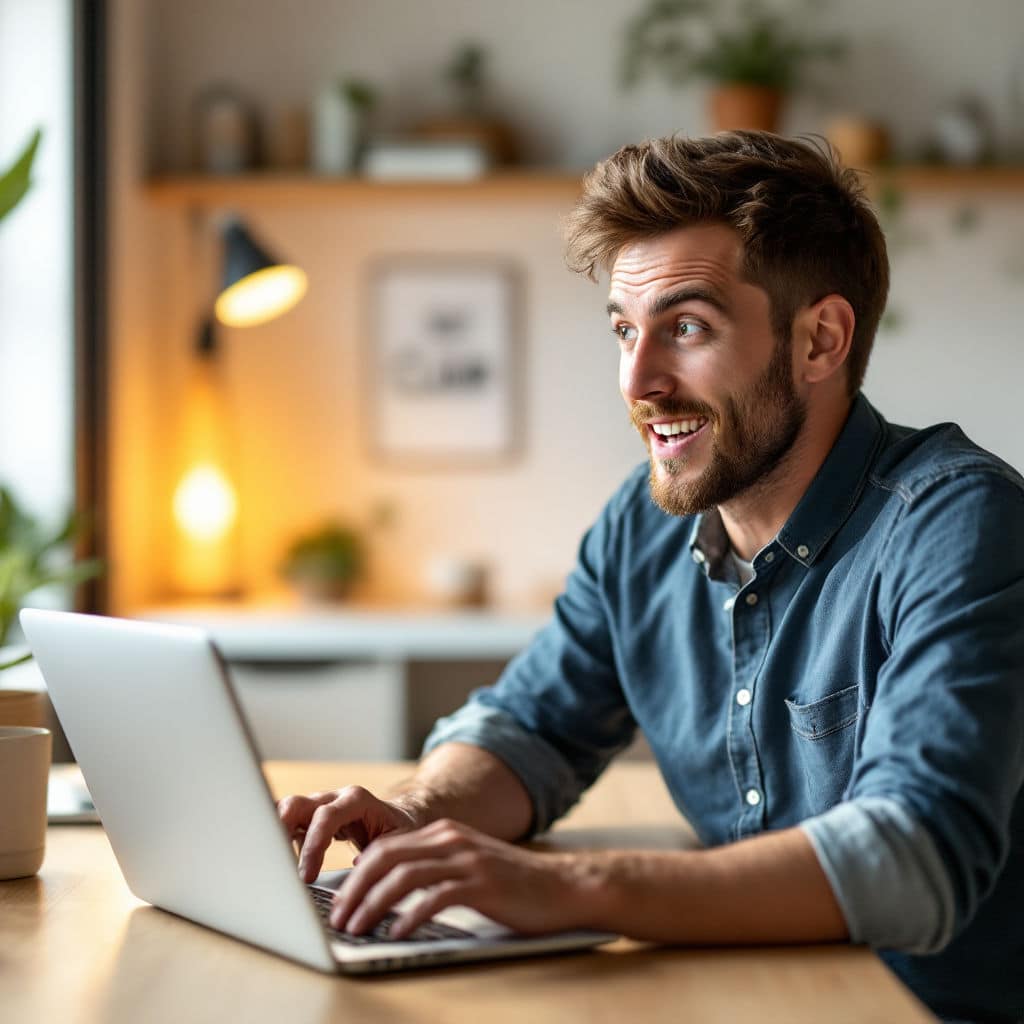 Man happily working on laptop at home office.
