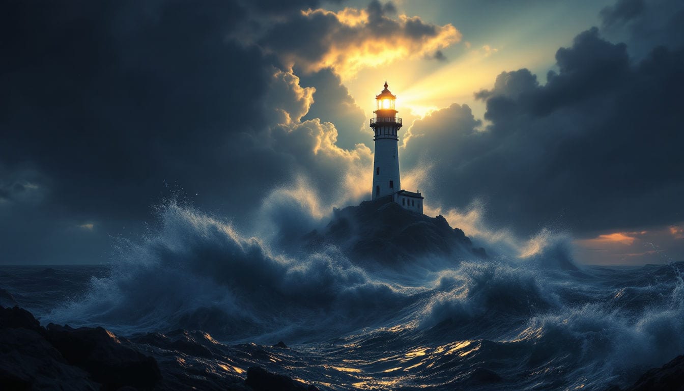 Lighthouse breaking through stormy sea and clouds.