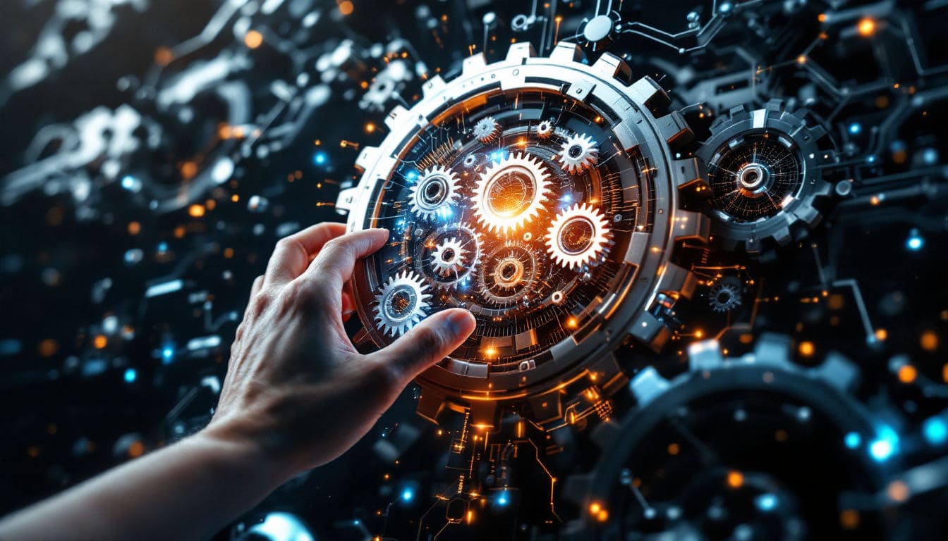 Hand touching glowing futuristic gears.