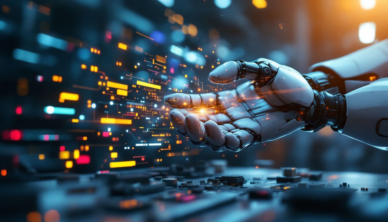 Robot hands interacting with digital data interface.