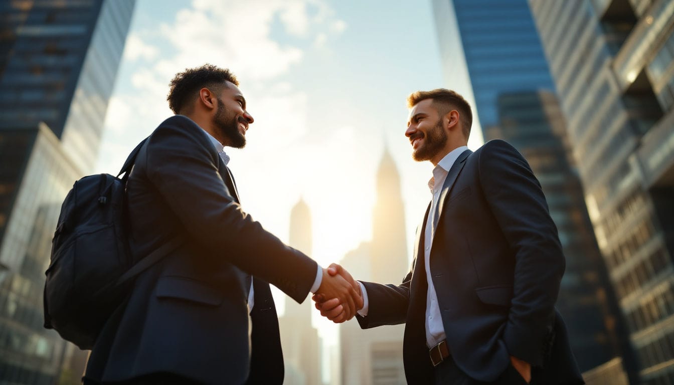 Two businessmen shaking hands in cityscape background.