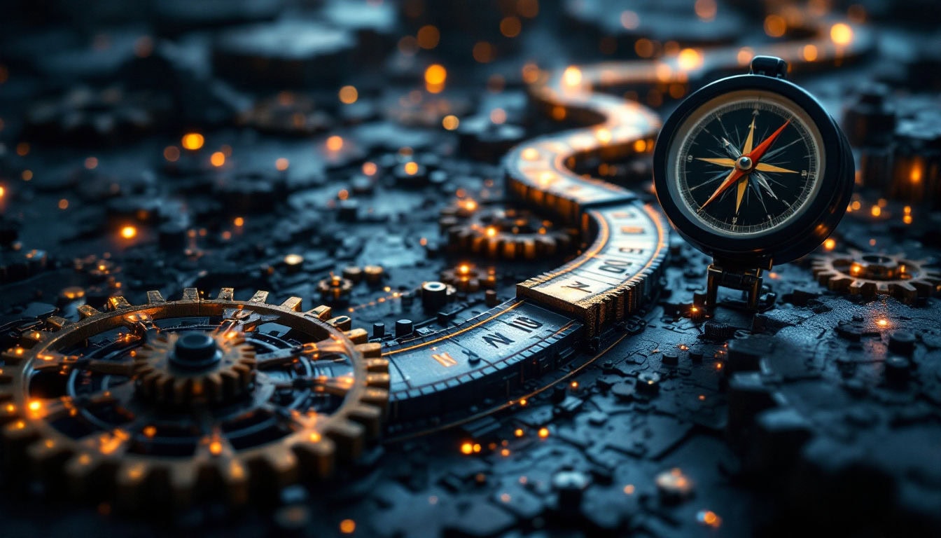 Steampunk compass with glowing gears and circuitry.
