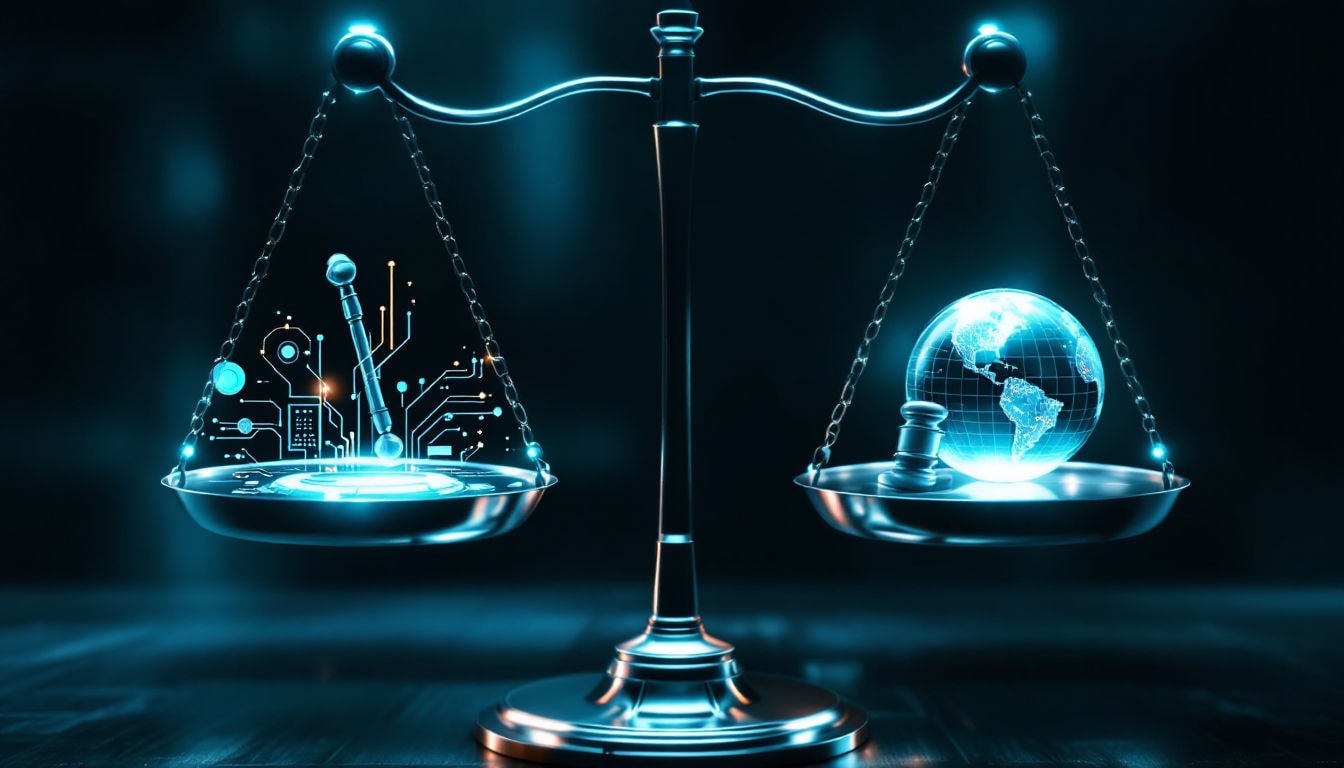 Scales balancing technology and earth with gavel