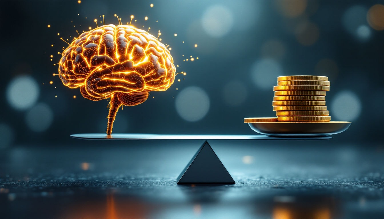 Brain and coins balancing on scale