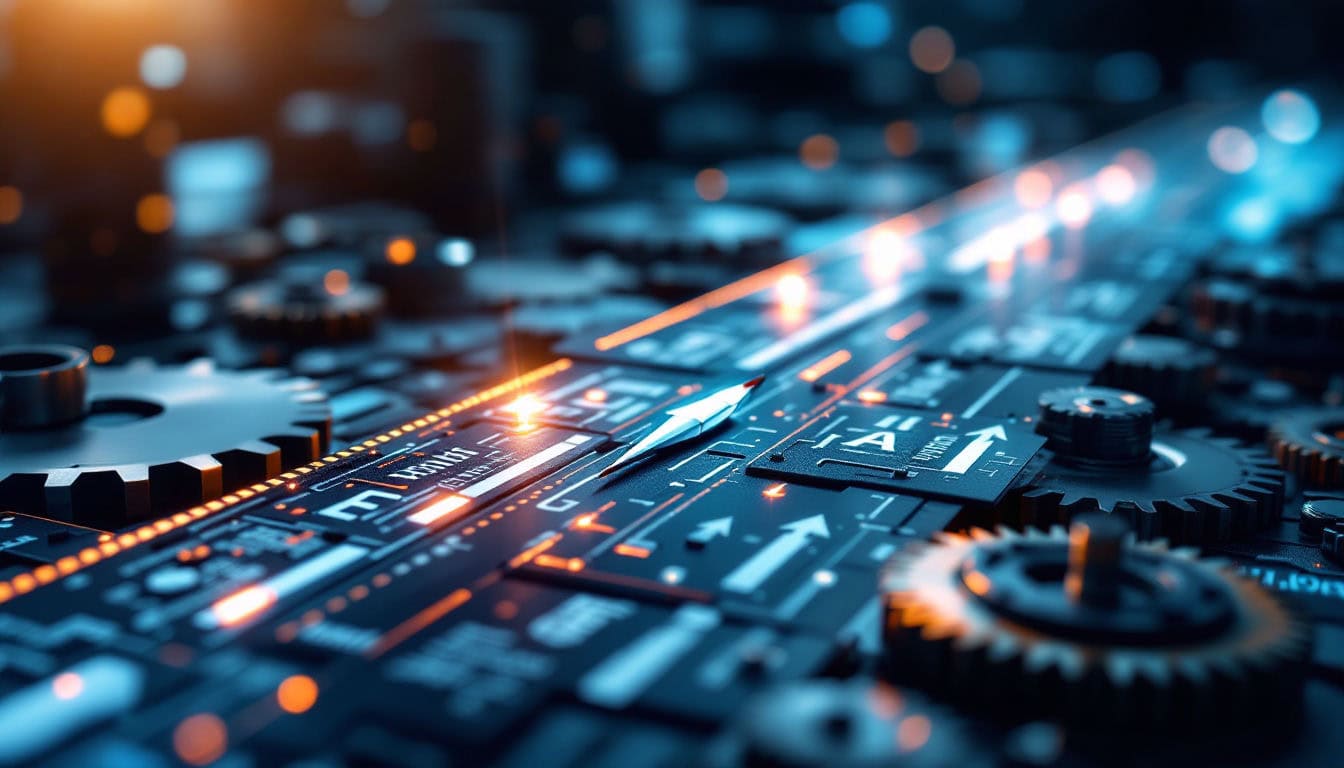 Futuristic circuit board with gears and lights.